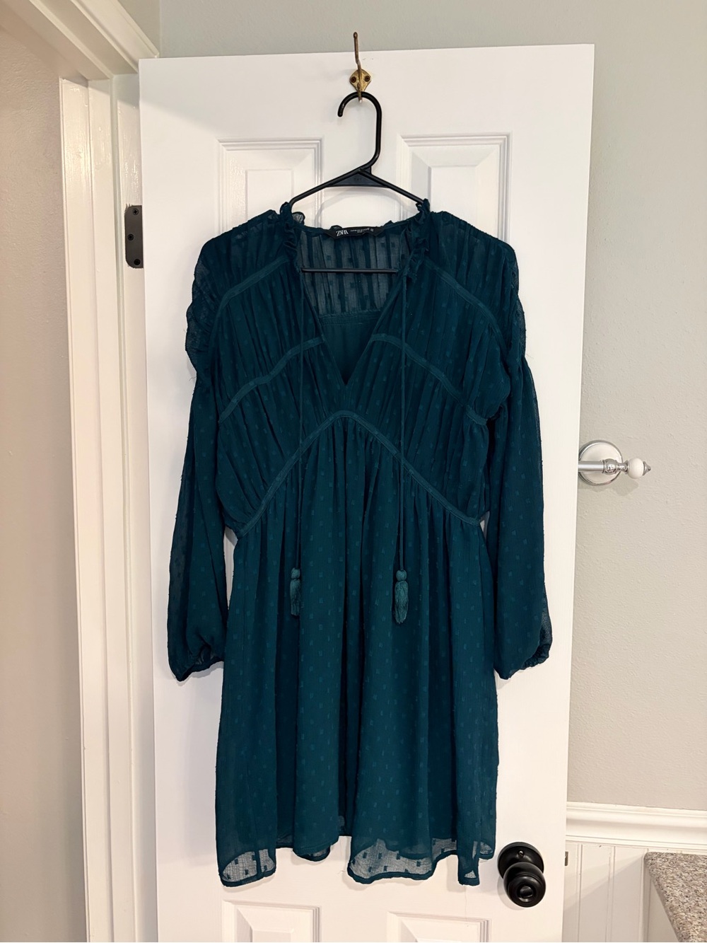 Zara Plumetis Swiss Dot Boho Dress M Teal Chiffon Tassel Sleeve
